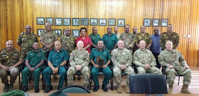 A delegation of Wisconsin Army National Guard Soldiers including (from left) Col. Raymond Ripberger, Lt. Col. Derrek Schultheiss, Maj. Steve Harteau, and Command Sgt. Maj. John Dietzler conduct a visit with Papua New Guinea Defense Force directors including Col. Lari Opa in Papua New Guinea in July 2021. The Wisconsin National Guard began a new partnership with Papua New Guinea in 2020 as part of the State Partnership Program. Submitted photo