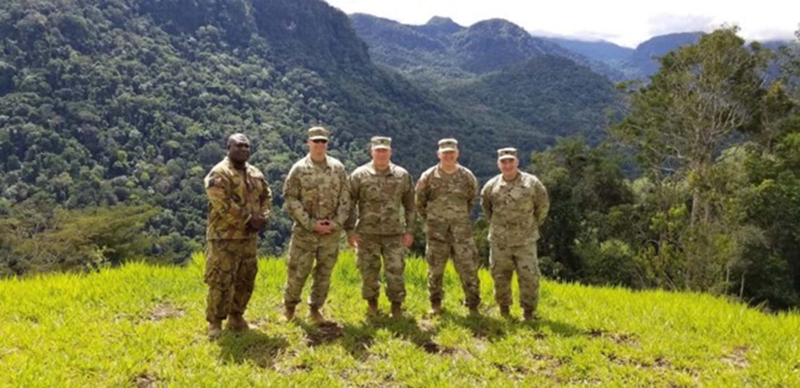 A delegation of Wisconsin Army National Guard Soldiers including (from left) Maj. Steve Harteau, Command Sgt. Maj. John Dietzler, Col. Raymond Ripberger, and Lt. Col. Derrek Schultheiss visit the Kokoda Trail in Papua New Guinea in July 2021. The Wisconsin National Guard began a new partnership with Papua New Guinea in 2020 as part of the State Partnership Program. Submitted photo