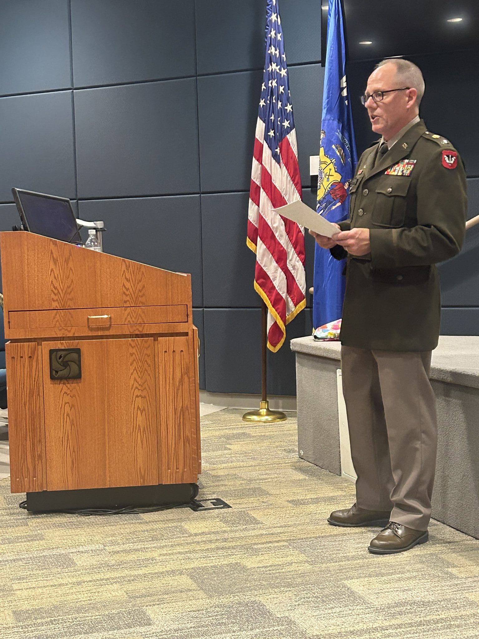 Command Chief Warrant Officer Charles Mattison speaks during his July 12 promotion ceremony in Joint Force Headquarters’ Witmer Hall in Madison, Wis. Wisconsin National Guard photo by Staff Sgt. Alice Ripberger