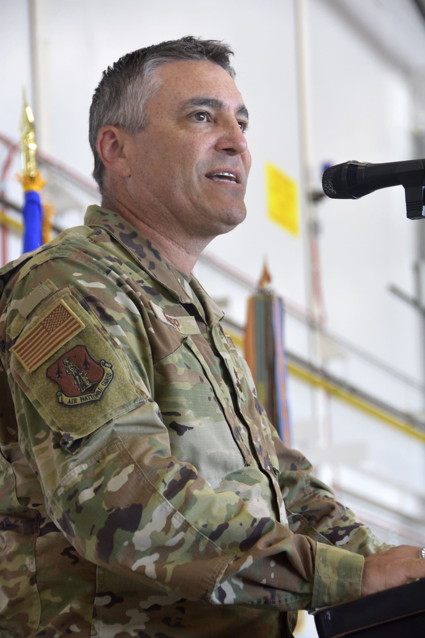 Maj. Gen. Paul Knapp, Wisconsin’s adjutant general, speaks during a welcome home ceremony for the Wisconsin Army National Guard’s 157th Maneuver Enhancement Brigade July 29 at the 115th Fighter Wing in Madison, Wis. The 157th returned from a nine-month deployment to Djibouti, Africa in support of Combined Joint Task Force-Horn of Africa, which conducts operations to enhance partner nation capacity, promote regional stability, dissuade conflict, and protect U.S. and coalition interests. Wisconsin Department of Military Affairs photo by Vaughn R. Larson