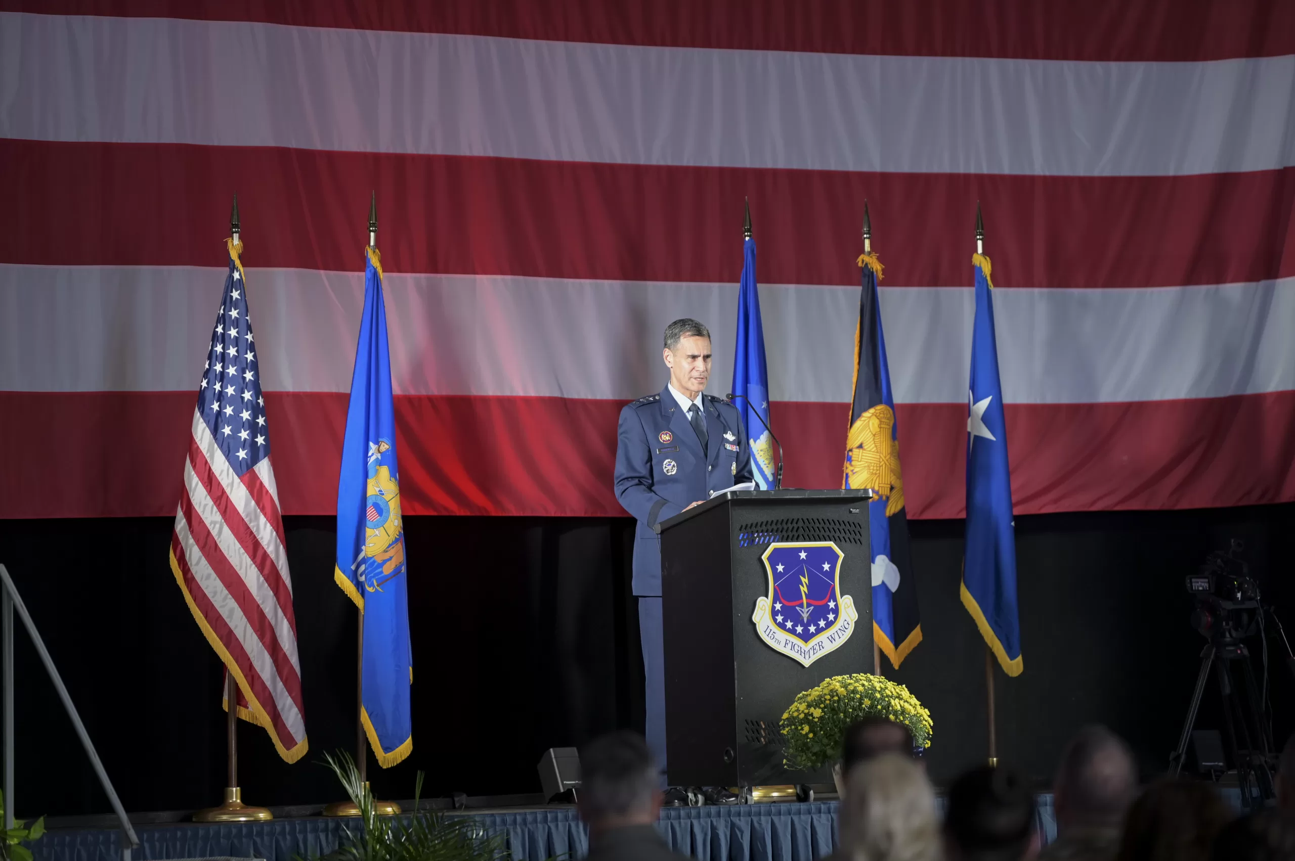  Lt. Gen. Marc Sassseville, Vice Chief of the National Guard Bureau, speaks during a Sept. 7 ceremony at the Wisconsin Air National Guard’s 115th Fighter Wing in Madison, Wis., to commemorate the fighter wing formally accepting the F-35 Lightning II mission. The 115th is only the second Air National Guard to field the 5th-generation fighter jet. 115th Fighter Wing photo by Tech. Sgt. Cameron Lewis