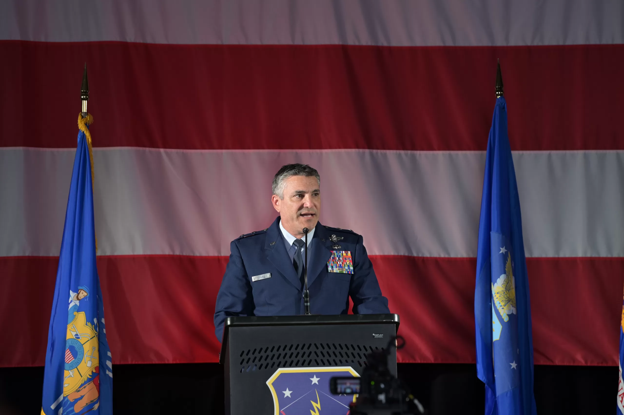 Maj. Gen. Paul Knapp, Wisconsin’s adjutant general, speaks during a Sept. 7 ceremony at the Wisconsin Air National Guard’s 115th Fighter Wing in Madison, Wis., to commemorate the fighter wing formally accepting the F-35 Lightning II mission. The 115th is only the second Air National Guard to field the 5th-generation fighter jet. 115th Fighter Wing photo by Tech. Sgt. Cameron Lewis