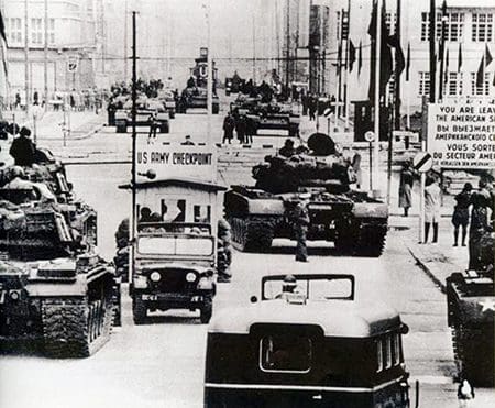 U.S. and Soviet tanks face off at Berlin’s Checkpoint Charlie on Oct. 27 1961. U.S. Army photograph