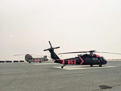  Wisconsin Army National Guard UH-60 Black Hawk crews from the Madison, Wis.-based 1st Battalion, 147th Aviation provide assistance in wildfire fighting operations in California.